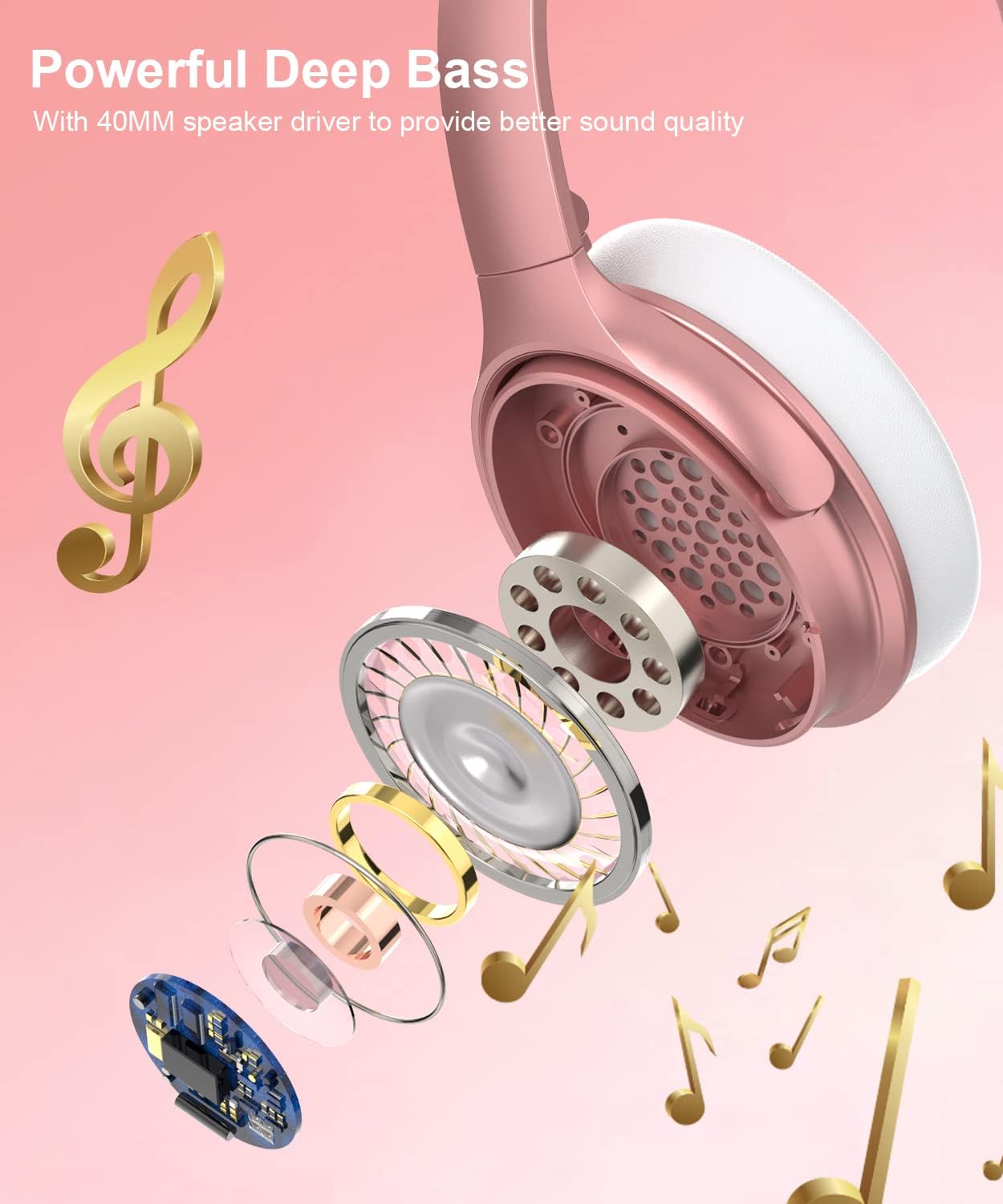 INFURTURE Upgrade Rose Gold Active Noise Cancelling Headphones with Microphone Wireless Over Ear Bluetooth, Deep Bass, Memory Foam Ear Cups, Quick Charge 90H Playtime, for TV, Travel, Home Office - Image 3